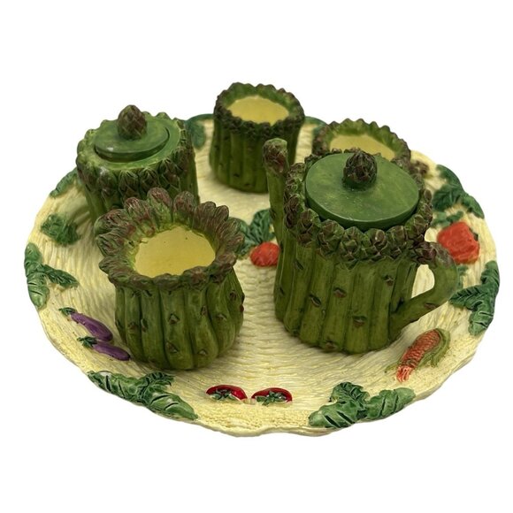 Vtg 90s Miniature Resin Asparagus Tea Set w/ Plate Mini Garden Cottage Dollhouse - Picture 2 of 12